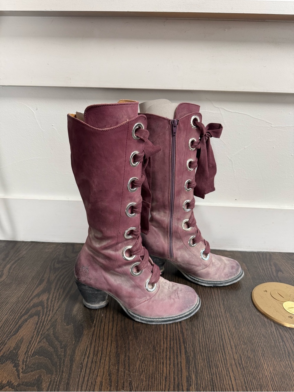 John Fluevog Burgundy Lace-Up Mid-Calf Heeled Boots
